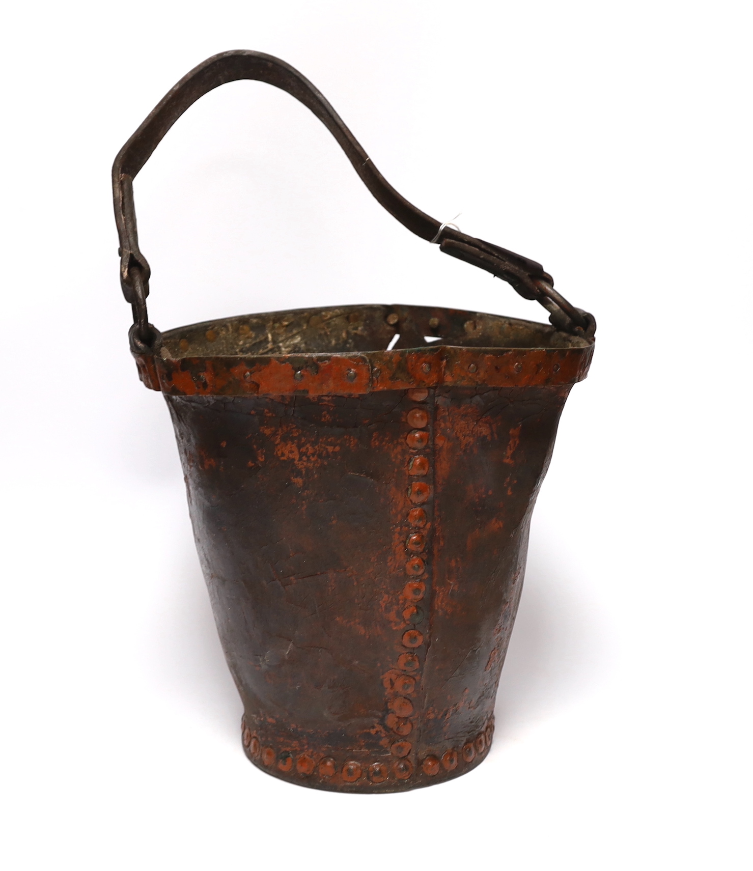 A painted leather fire bucket with the remains of what might have been an armorial crest, 26.5cm high